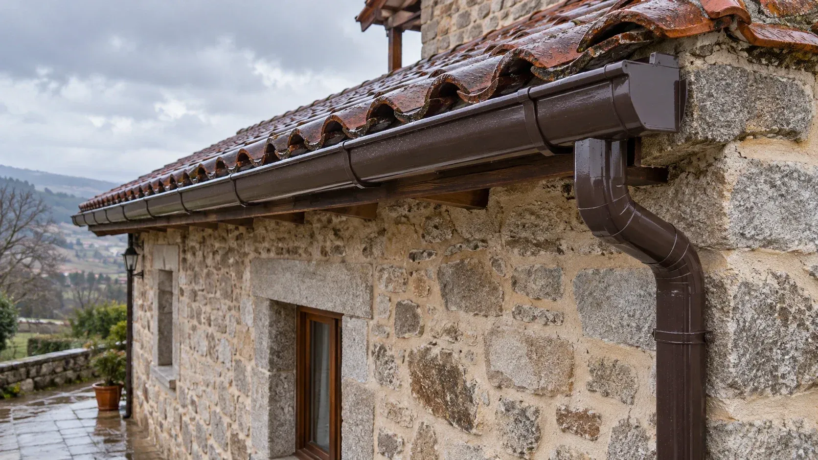 Canalón y bajante marrones nuevos en el alero de una casa de piedra con el tejado mojado